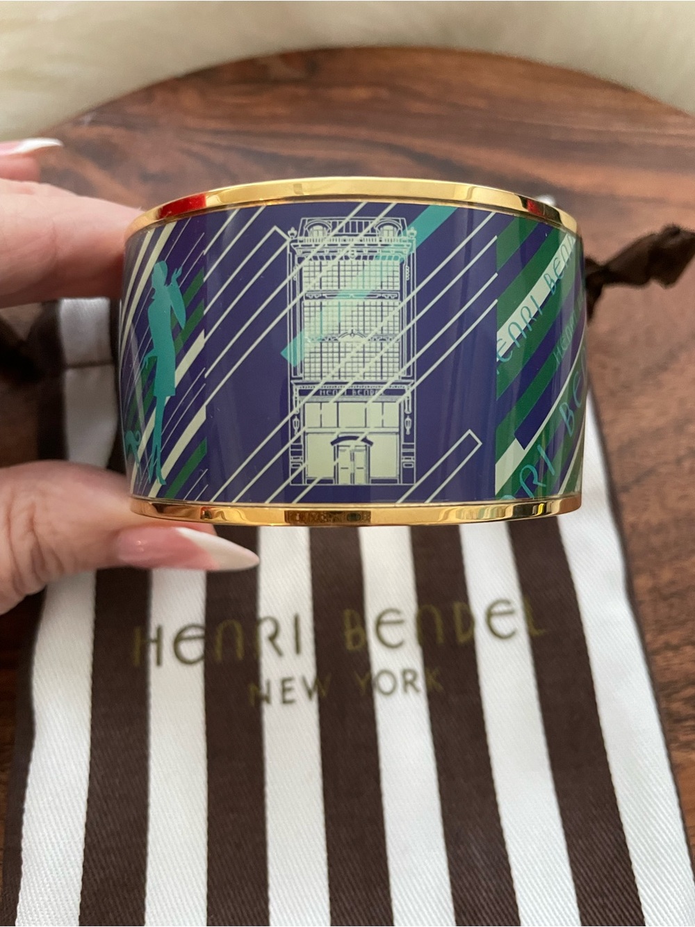 HENRI BENDEL Blue & Green Enamel Wide Bangle Bracelet w/Dusty